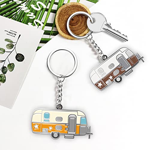 Camper Keychain Happy RV Keyring RV Keychain Couples Keychain Set Gifts for Men Women Camping Accessories 2 Pack - color: Orange&coffee Brown
