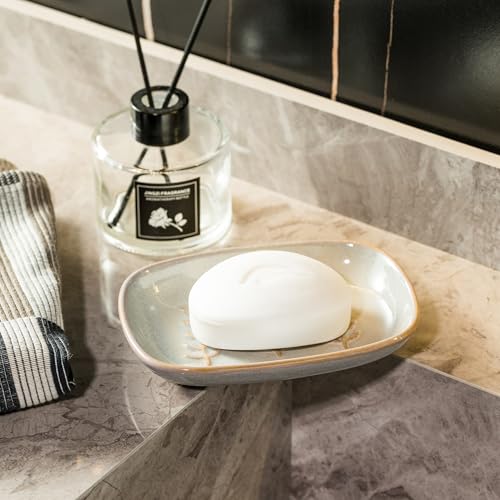 Miamolo Ceramic Soap Dish Soap Holder, Soap Lift for Bar Soap Sponge, Shower Soap Dishes for Bathroom Kitchen Counter Soap Saver Tray Keep Dry, Dishwasher Safe - color: Grey, size: Leaf Design