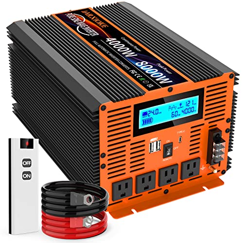 4000 Watt Pure Sine Wave Power Inverter 24V DC to 110V 120V Converter for Family RV Off Grid Solar System Car with Type-C Ports 4 AC Power Outlets Dual USB Ports LCD Display and Remote Control - size: 24V-4000W
