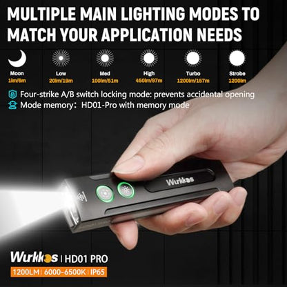 Wurkkos HD01 PRO 6-in-1 Flashlight with White Light UV Light&Green Light and Side Light,Working Handle Flashlight with Magnetic 1200LM for Outdoor Camping - color: HD01 PRO black-6K-2
