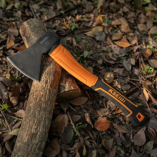 KSEIBI Wood Axe, Small Outdoor Camp Hatchet for Splitting and Kindling Wood, Forged Steel Blade with Anti-Slip and Shock Reduction Handle Great Throwing Axes and Hatchets (Modern) - style: Modern Orange