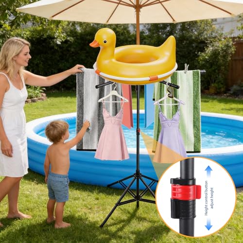 Pool Towel Rack Outdoor Adjustable Height 41.3-61.8In Towel Rack for Pool Heavy-Duty Freestanding Pool Float Storage Rack 4-Legged Stand & 6 Foldable Arms for Drying Swim Gear