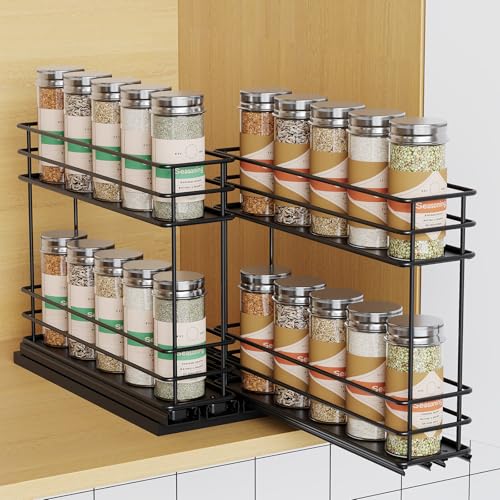Mystozer Pull Out Spice Rack Organizer for Cabinet, Slide Out Spice Racks, Easy to Install Spice Cabinet Organizers, 5.28" Wx10.43 Dx8.26 H, 2 Drawers 2 Tiers(Black) - color: Black, size: 5.2" - 2 Drawers (2.2" each drawer)