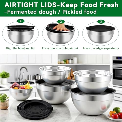 WEPSEN Mixing Bowls Set, 25PCS Stainless Steel Mixing Bowl with Lid Set, Large Nesting Bowls 7, 4.5, 3,2, 1.5QT, Measuring Cups and Spoons Baking Utensils Metal Bowl for Kitchen Prep - color: Black Bowls Set