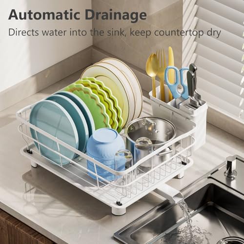 AIDERLY Auto Drain Metal Dish Drying Rack Dish Drainers, All White | with Draining Tray, Strainer, for Kitchen Counter, Sink - color: White