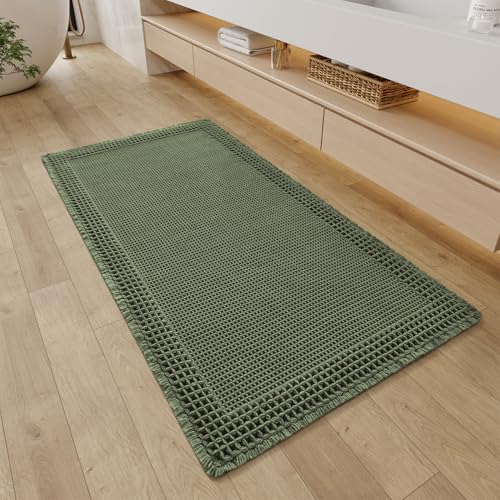 RESARE Waffle Bathroom Runner Rugs, Super Absorbent Bath Mat Non Slip Washable Quick Dry, Upgraded Ultra Soft Boho Bath Rugs with Tassels, Farmhouse Home Decor Accessories, 2'x4'(24"x48") Green - color: Green, size: 2' X 4'