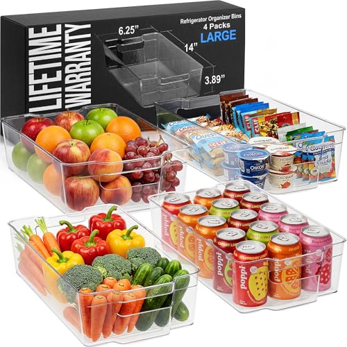 Zulay Kitchen 4 Pack Refrigerator Organizer Bins – Large Clear Fridge Storage Containers with Built-In Handles & Non-Slip Feet - Ideal Fridge Organizers, Kitchen Cabinets, Pantry Organization - size: L 14.75" x W 6.75"