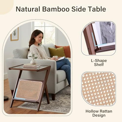 Tiita Rattan Nightstand Side Table, Bamboo Accent Bedside Tables, Glass Coffee Tables, Boho Wooden End Table with Storage for Small Space, Living Room and Bedroom - color: Rattan-s-brown