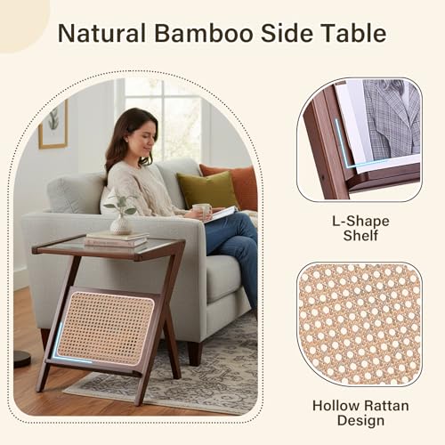 Tiita 2 Pack Rattan Side Table, Mid Century Nightstand, Bamboo Accent Bedside Tables, Glass Coffee Tables, Boho Wooden End Table with Storage for Small Space, Living Room and Bedroom - color: 2 Pack Rattan-s-brown