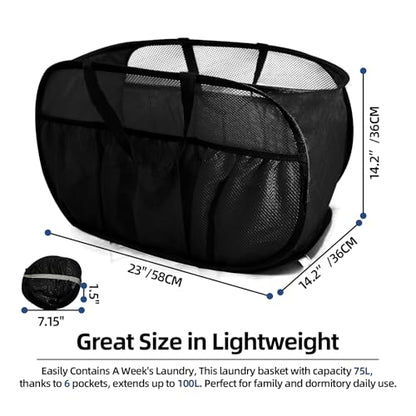2 Pack Collapsible Laundry Baskets, Upgrade Pop Up Laundry Hamper with Convenient Bags, Foldable Laundry Basket Mesh Light Weight, Easy to Carry Clothes Hampers for Laundry, Dorm, Toys, Travel Black - color: 2xBlack