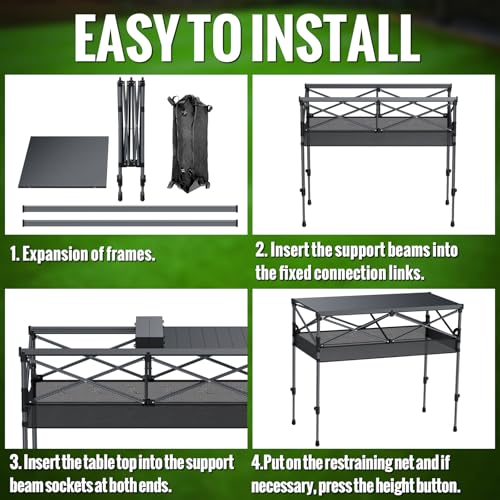 GARLLEN Folding Table for Camping, 2 Adjustable Height Portable Roll-up Picnic Table with Storage Net, Lightweight Aluminum Outdoor Table with Carrying Bag for Camping, BBQ, Beach, 39"L x 20"W - size: Tabletop Size: 39.3"L x 19.6"W