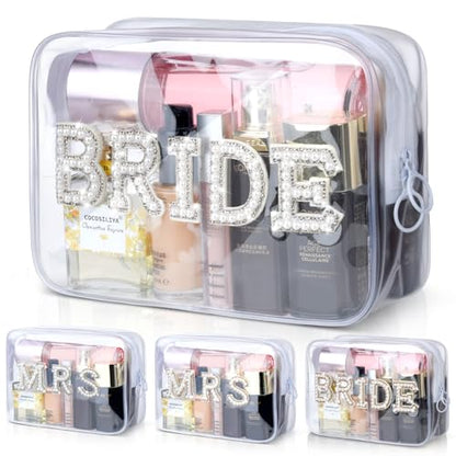 Etercycle Bride Clear Makeup Bag, Bridal Shower Gifts Engagement Cosmetic Bag, Bling Pearl Rhinestone Letter Patches Waterproof PVC Travel Organizer for Women Wedding Bachelorette Party(Silver) - color: Silver, style: Bride