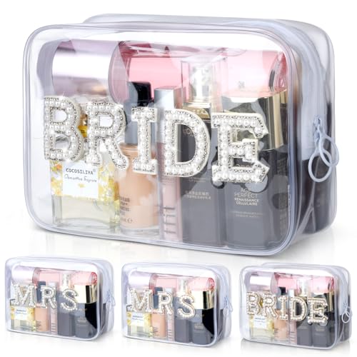 Etercycle Bride Clear Makeup Bag, Bridal Shower Gifts Engagement Cosmetic Bag, Bling Pearl Rhinestone Letter Patches Waterproof PVC Travel Organizer for Women Wedding Bachelorette Party(Silver) - color: Silver, style: Bride