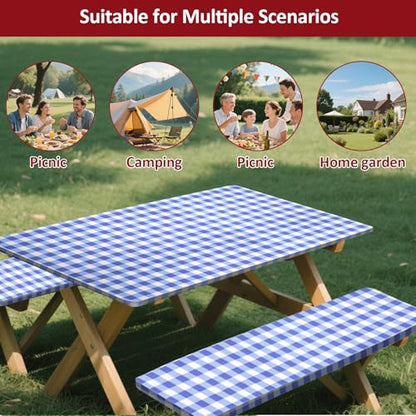 7ft Picnic Table and Bench Cover, Camping Essentials RV Gear, 84 in Waterproof Windproof Outdoor Elastic All Around Tablecloth, Fitted Rectangle Tables and Seats, Blue-White Checkered - color: Blue-white Checkered, size: 84"