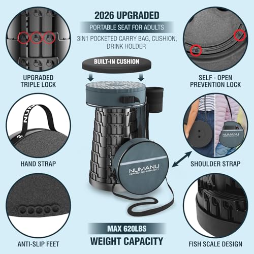 NUMANU 2026 Upgraded Collapsible Stool & 3IN1 Cushioned Carry Bag, 2.5"-18" Height Adjustable Max 620lbs, Portable Retractable Telescoping Seat, Foldable Camping Stool or Footrest for Adults (Round) - size: Round (Stool & 3IN1 Carry Bag)