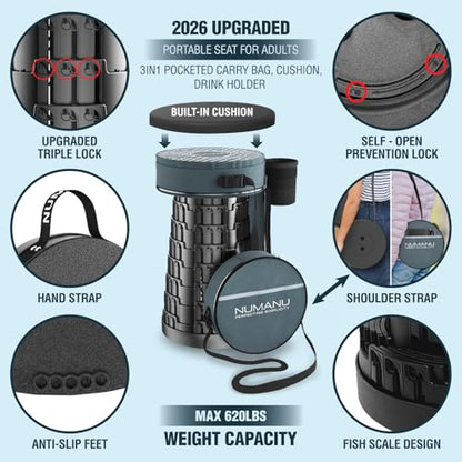 NUMANU 2026 Upgraded Collapsible Stool & 3IN1 Cushioned Carry Bag, 2.5"-18" Height Adjustable Max 620lbs, Portable Retractable Telescoping Seat, Foldable Camping Stool or Footrest for Adults (Round) - size: Round (Stool & 3IN1 Carry Bag)