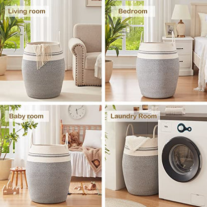 OIAHOMY Laundry Hamper Woven Cotton Rope Large Clothes Hamper 25.6" Height Modern Curve Basket with Extended Cotton Handles for Storage Clothes Toys in Bedroom, Bathroom, Foldable (White & light grey) - color: White & light grey