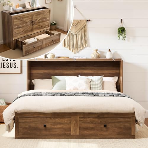 LUXOAK Full Murphy Bed with Storage and Charging Station, Farmhouse Cabinet Bed, Noise-Free, for Guest Room, Apartment, or Office, Barnwood - color: Barnwood, size: Full