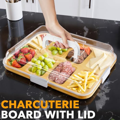 SpaceAid Charcuterie Board with Clear Lid, Portable Travel Cheese Cutting Boards for Picnic Accessories, Bamboo Serving Tray with Lids, House Warming Gifts, White Handles, 8 Compartments - color: White Handles, 8 Compartment