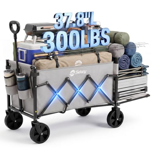 Sekey Collapsible Wagon Cart with Drop-Down Tailgate, 300 lb Capacity - color: Gray, size: 300 lbs