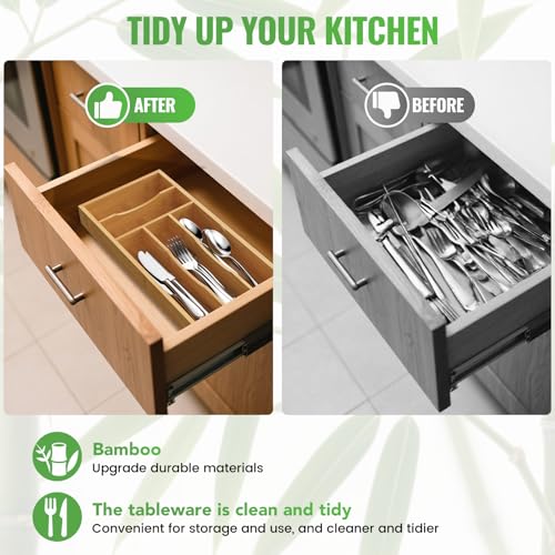 Small Silverware Organizer, Bamboo Kitchen Drawer Cutlery Organizer, Utensil Holder, Flatware Organizer Tray (14.2"x6.7"x1.6") - size: Small