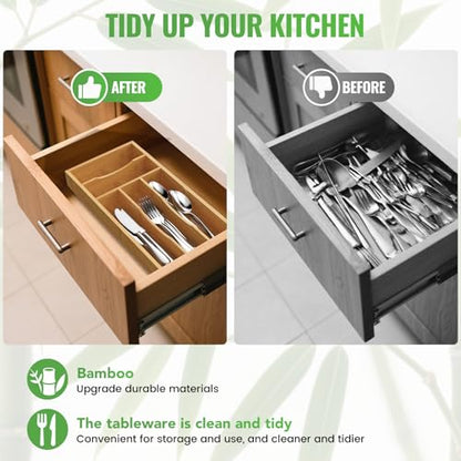 Small Silverware Organizer, Bamboo Kitchen Drawer Cutlery Organizer, Utensil Holder, Flatware Organizer Tray (14.2"x6.7"x1.6") - size: Small