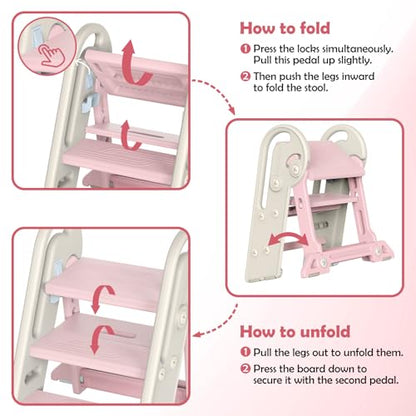 Onasti Foldable Step Stool for Kids & Toddlers, 3 Step Convertible to 2 Step with Handles, Training Stool for Bathroom Sink & Kitchen Counter, Non-Slip Stable Step Stool for Growing Children- Pink - color: Baby Pink