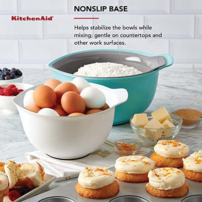 KitchenAid Universal Nesting Plastic Mixing Bowls, Set Of 3, 2.5 quart, 3.5 quart, 4.5 quart, Non Slip Base with Easy Pour Spout to Reduce Mess, Dishwasher Safe, Aqua Sky, White, Gray - color: Aqua Sky White Gray, size: Set of 3