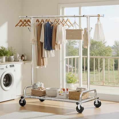 Raybee Heavy Duty Clothes Rack Load 485LBS, 74''W Clothing Rack with Mesh Shelf, Rolling Garment Rack with Adjustable Rail & Lockable Wheels for Bedroom, Laundry Room,Commercial - color: Chrome, style: Mesh Shelf