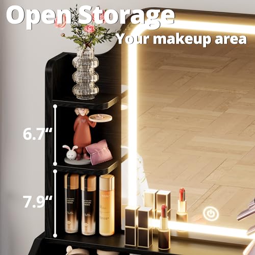 LIKIMIO Small Makeup Vanity Desk with Mirror and Lights, Vanity Table Set with Storage Drawer, Chair and Three Shelves, Bedroom, Black - color: Black