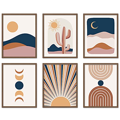 Boho Wall Art Prints Room Decor 8x10 set of 6 Boho Posters, Mid Century Modern Prints for Wall Art, Sun Moon Desert Bedroom Decor - color: Boho 6 Set 3