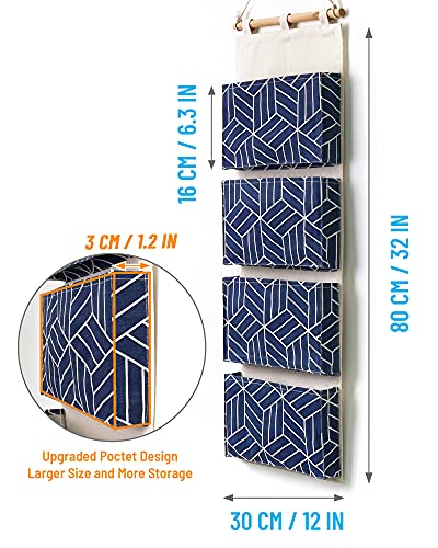 CROWNED 2Pcs Over Door Hanging Storage Bags Wall Mount Closet Organizer, 4 Big Pockets Linen Cotton Fabric Multi Functional Living Room Bedroom Bathroom File Magazine Waterproof Free Hooks Navy - color: Navy