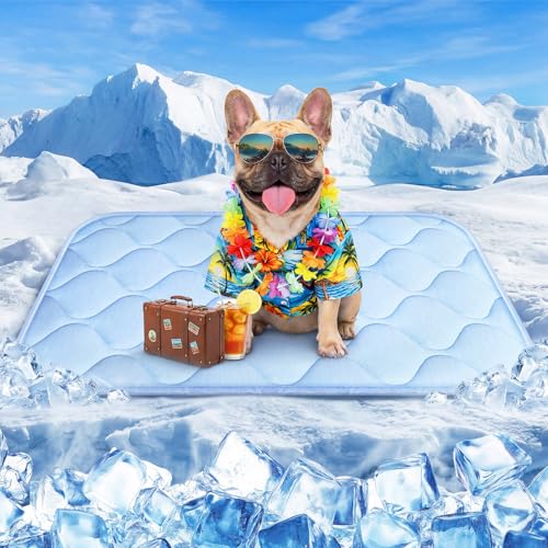 Pet Cooling Mats for Dogs, Cooling Pet Outdoor & Indoor Use with Waterproof Cover, Summer Cool Pad for Dogs Cats 29" x 18", Non-Slip Washable Pet Blanket for Crate Kennel Travel (Cryo Ice Blue) - color: Ice Blue Wave Stitching, size: Medium