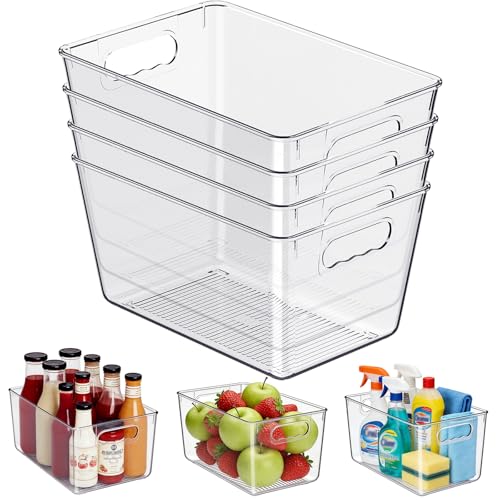 Clear Plastic Storage Bins, 4-Pack Stackable Pantry Organizers and Storage Containers for Kitchen, Fridge, Cabinet and Closet Organization - Home Essentials - color: 4 Pack, size: L (11.5"L x 7.5"W x 6"H)