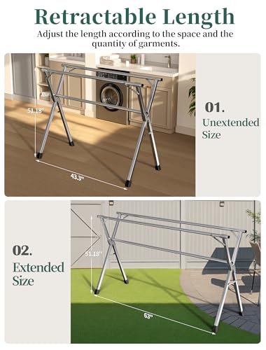 63 Inches Heavy-Duty Stainless Steel Folding Clothes Drying Rack Clothing Indoor Outdoor Anti-Rust 20 Windproof Hooks Portable & Foldable Laundry Rack (63'') - size: 63''