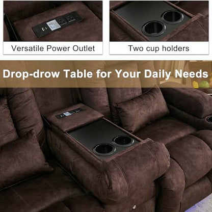 URRED Power Loveseat Recliner Sofa with Massage and Heat, Wall Hugger Reclining Loveseat with Console, RV Couch Home Theater Seating with LED Lights for Living Room (Brown, 67" - 2 Seats) - color: Brown, size: 67" - 2 Seats