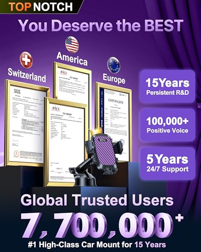HTU 2026 Ultimate Best【True Military-Grade & Safety Cert】Car Phone Holder【Upgraded 360 Rotation & 100+LBS Strongest Suction】5-in-1 Truck Windshield Dashboard Vent Mount Stand for iPhone Android,Purple - color: Purple