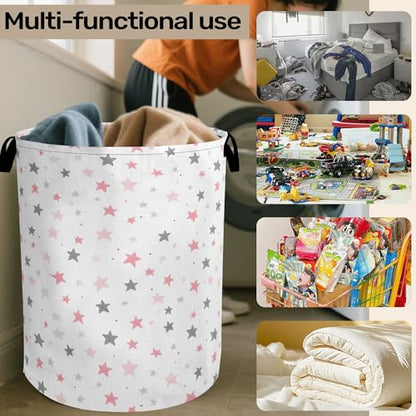 Cute Pink Stars Foldable Canvas Laundry Basket with Handles - Toy Organizer, Heavy Duty for Home，Bedroom, Dorm, Bathroom - color: Cute Pink Stars