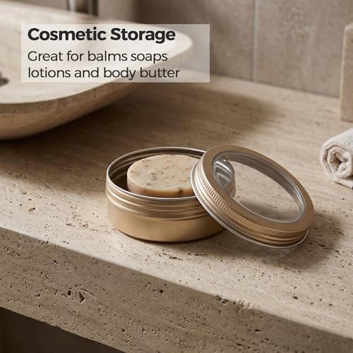 2 oz (60ml) Champagne Aluminum Tins with Clear Lids and Labels, 24 Pack | Clear View Lid, Secure Packaging, Tight Screw Lids, Includes Blank Labels, 11 Color Options - color: Champagne