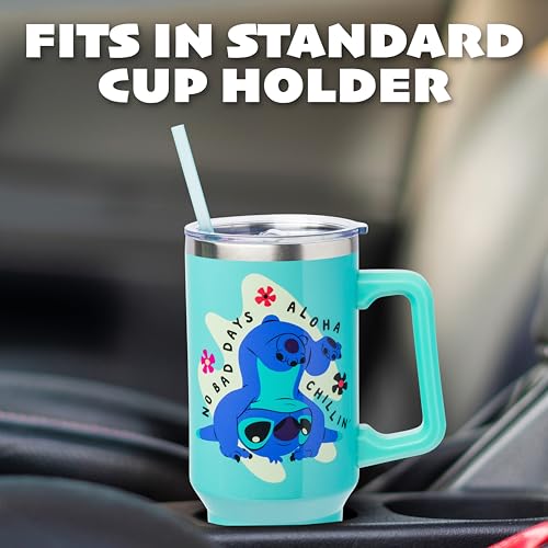Silver Buffalo Disney Lilo and Stitch Aloha No Bad Days Chillin’ Double Walled Stainless Steel Tumbler with Handle and Straw, Fits in Standard Cup Holder, 40 Ounces - color: Disney Lilo and Stitch Chillin