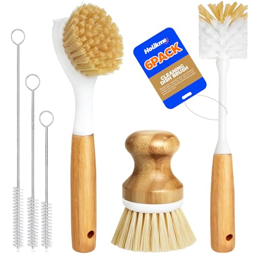 Holikme 6 Pack Dish Brush Scouring Pad Set with Bottle Brush, Dish Brush, Palm Scrub Brush and Straw Brush, Dish Scrubber Long Handle for Dish Bottle Cup Skillet Wok Pot Pan Cast Iron, Yellow - color: Yellow