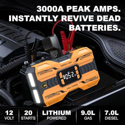 Nuynix Jump Starter with Air Compressor, 3000A Portable Car Battery Booster (Up to 9.0L Gas/7.0L Diesel) with 150PSI Auto-Shutoff Tire Inflator, 12V Lithium Jump Box, LED Display & Jumper Cables