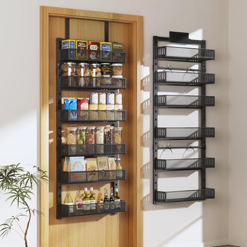 Pantry Door Organizers and Storage, 6-Tier Large Metal Heavy-Duty Frame Over the Door Spice Rack, 2 in 1 Wall-Mounted or Hanging shelf for Kitchen, Bathroom, Laundry Room, Bedroom, Closet &Nursery - color: Black, size: 17.2"W-6 tier