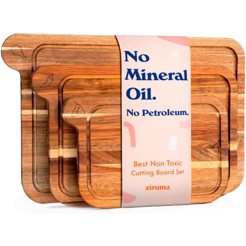 Non-Toxic Acacia Cutting Board Set of 3, Mineral Oil Free, Plastic Free | Petroleum free. No BPA. FSC-certified wood. 3 sizes: 17x11, 14x9 & 11x7 in. Beeswax, flaxseed & lemon oil finish.