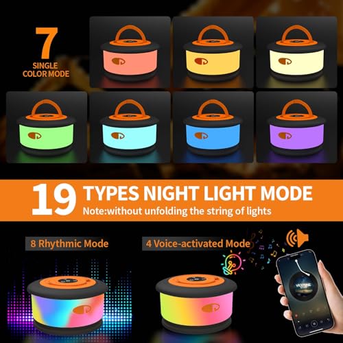TOHETO Camping String Lights, 3 in 1 Upgraded Retractable RGB Outdoor String Lights with 19 Lighting Modes,Quick 30s Recovery, 32.8 FT Portable Tent Lights, Rechargeable Camping Lantern (Black&Orange) - style: Black&Orange