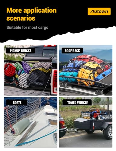 AUTOWN Cargo Net for Pickup Truck Bed - Stretchable 4'x4' to 7'x7', High Elastic Fine Mesh 1''x1'' with 8 Metal Carabiners - Ideal for ATV, SUV, UTV, Truck and Boat Use (Single Layer) - size: Single Layer