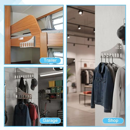 Blulu 2 Pcs Aluminum Wall Mount Clothing Hanger with 7 Hooks, Space-Saving Clothing Rack Including Pre-Drilling and Hardware Installation for Laundry Room Enclosed Trailers Garage Storage Organizer