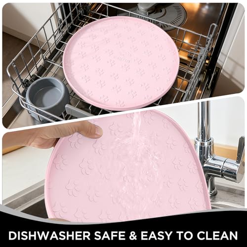 Comtim Waterproof Dog Food Mat - 2 Pack Silicone Pet Food Mat Dog Food Bowl Mats Cat Water Mats Eating Tray, Non-Slip Pet Placemat with Lip for Messy Drinkers to Protect Floor,Pink 11"×11" - color: Pink