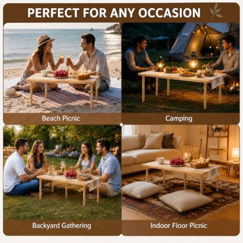 Geelin 36" x 18" Boho Picnic Table for 2 People Low Folding Portable Outdoor with Table Runner, Adjustable Legs, Blanket, and Waterproof Storage Bag for Couples Camping, Beach, BBQ, Backyard