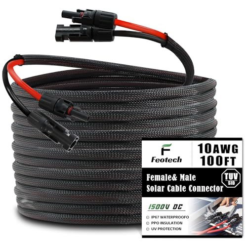 Twin Wire 100FT Solar Extension Cable - 10AWG(6mm²) Solar Panel Connector, with 6 Pairs-IP67-Male/Female Solar connectors for Outdoor Automotive RV Boat Marine Solar Panel- Black & Red - color: Black braided sleeve, size: 100Ft - 10AWG